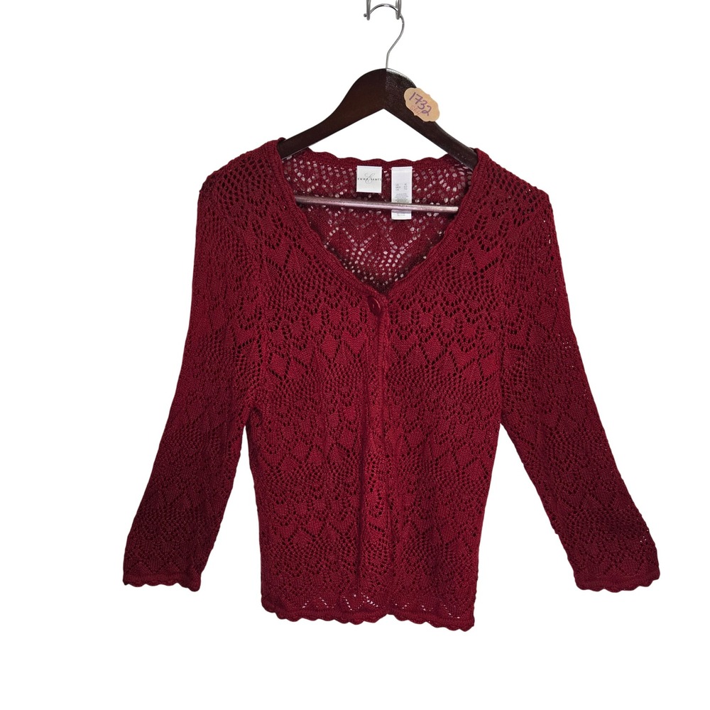 Emma James Burgundy Red Open Knit Crochet Cardigan Sweater XL Scallop Trim